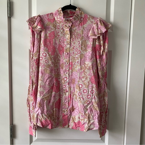 Selkie Tops - Selkie Pleated Floral Blouse with Ruffle Detailing Button Down Tuxedo Blouse